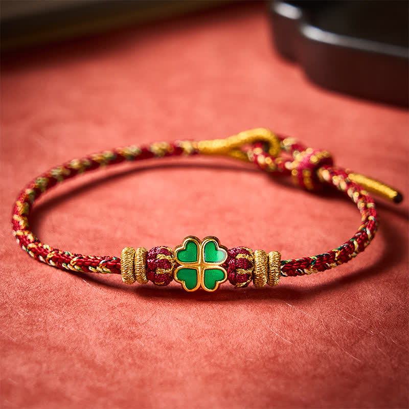 Buddha Stones Hand-Woven String Heart-Shaped Green Four Leaf Clover Strength Rope Bracelet