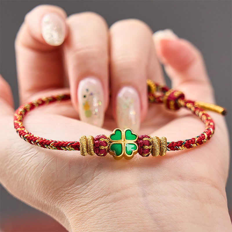 Buddha Stones Hand-Woven String Heart-Shaped Green Four Leaf Clover Strength Rope Bracelet