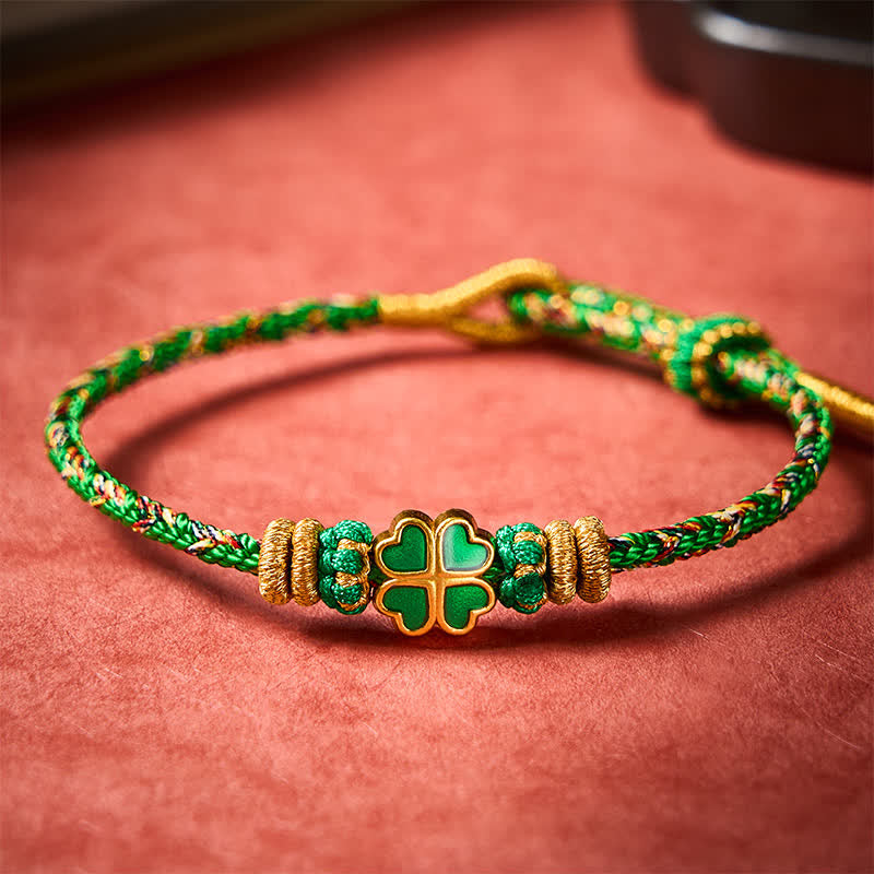Buddha Stones Hand-Woven String Heart-Shaped Green Four Leaf Clover Strength Rope Bracelet