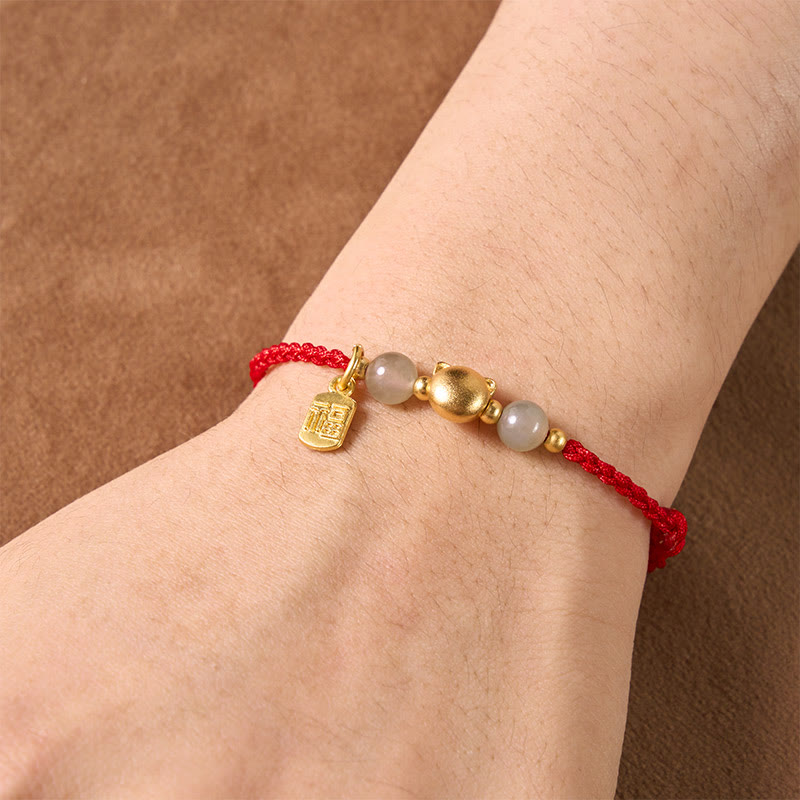 Buddha Stones Hetian Jade Fu Character Copper Cat Red String Bracelet