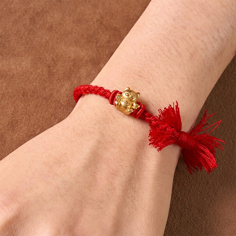 Buddha Stones Copper Lucky Cat Charm Red String Wealth Bracelet