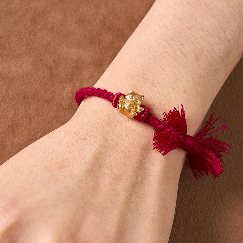 Buddha Stones Copper Lucky Cat Charm Red String Wealth Bracelet
