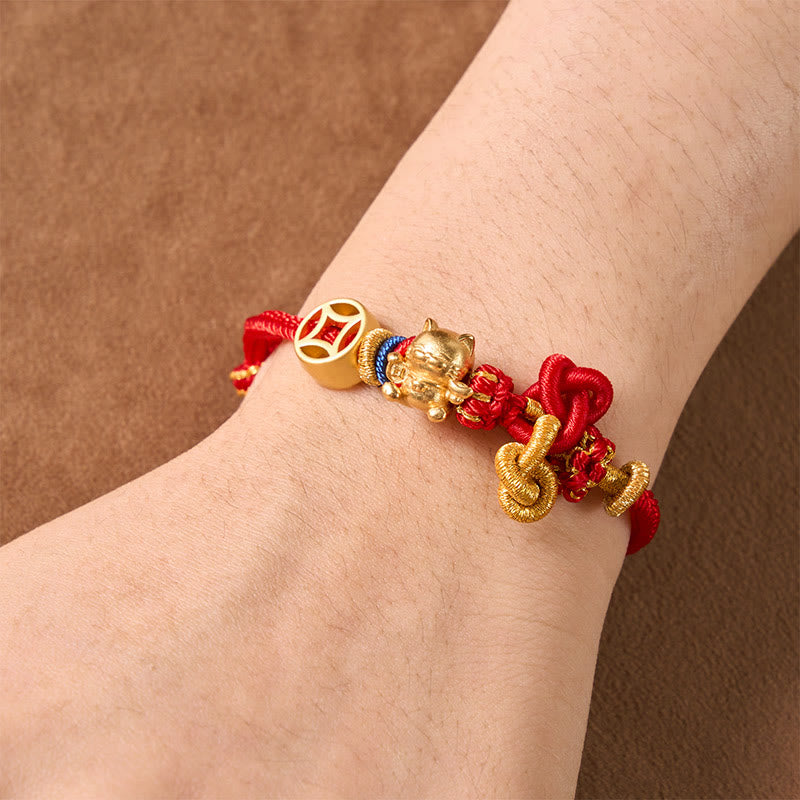 Buddha Stones Golden Lucky Cat Red String Protection Braided Bracelet