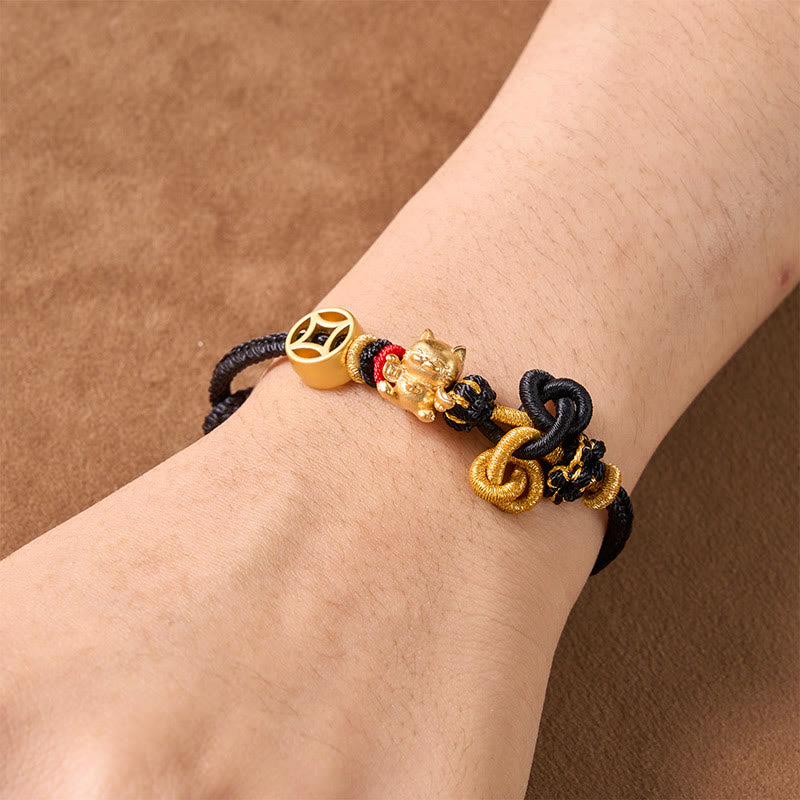 Buddha Stones Golden Lucky Cat Red String Protection Braided Bracelet