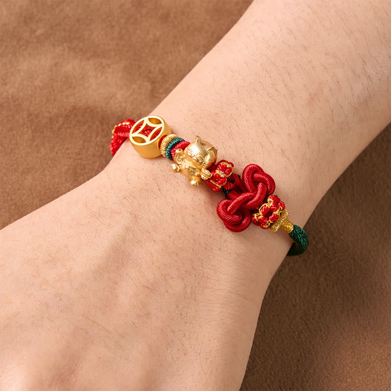Buddha Stones Golden Lucky Cat Red String Protection Braided Bracelet