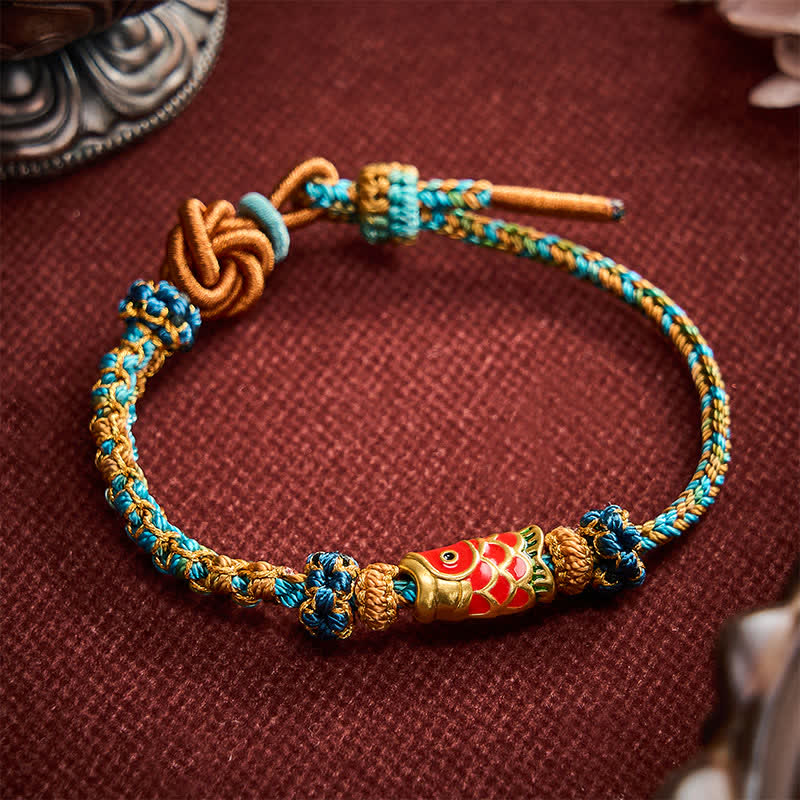 Buddha Stones Hand-Woven Green Blue Yellow Rope Mandala Peach Blossom Knot Luck Koi Fish Bracelet