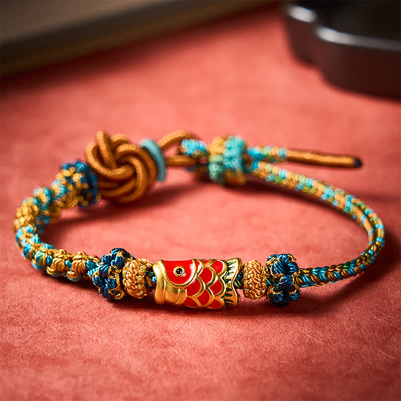 Buddha Stones Hand-Woven Green Blue Yellow Rope Mandala Peach Blossom Knot Luck Koi Fish Bracelet
