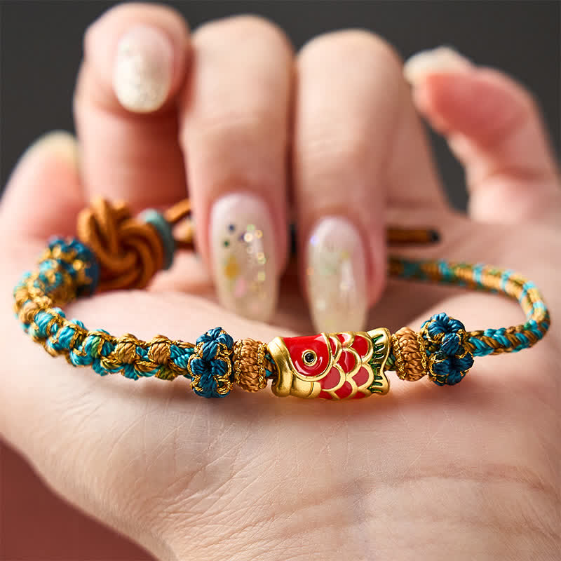 Buddha Stones Hand-Woven Green Blue Yellow Rope Mandala Peach Blossom Knot Luck Koi Fish Bracelet