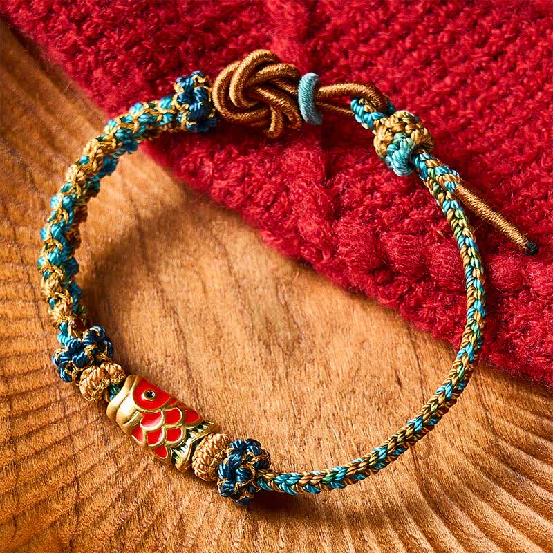 Buddha Stones Hand-Woven Green Blue Yellow Rope Mandala Peach Blossom Knot Luck Koi Fish Bracelet