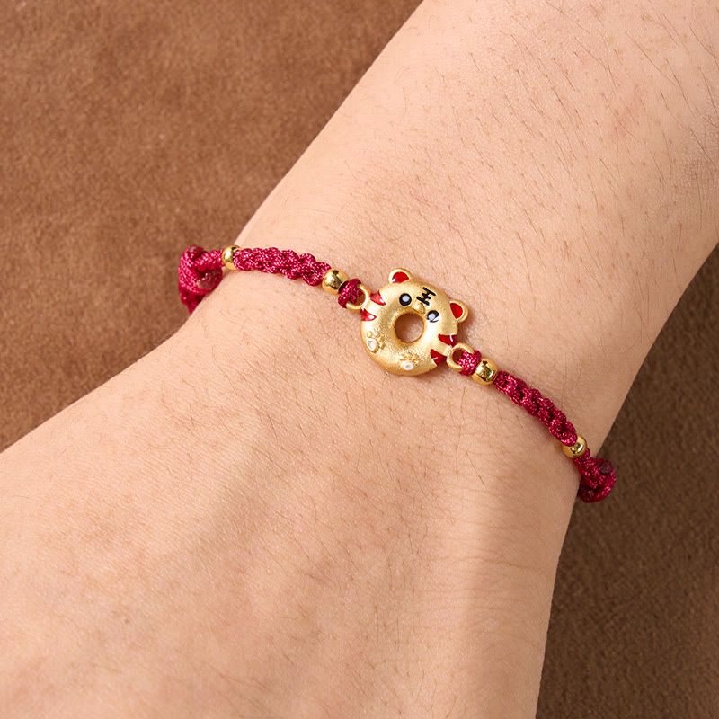Buddha Stones Copper Tiger Peace Buckle Hand Woven Grounding Red String Adjustable Bracelet