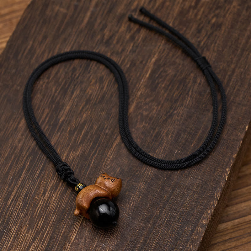 Buddha Stones Sandalwood Cat Black Obsidian Bead Om Mani Padme Hum Bead Protection Rope Necklace