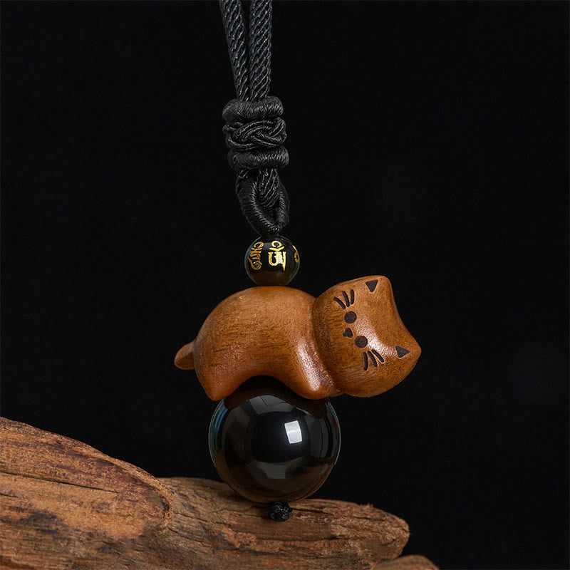 Buddha Stones Sandalwood Cat Black Obsidian Bead Om Mani Padme Hum Bead Protection Rope Necklace