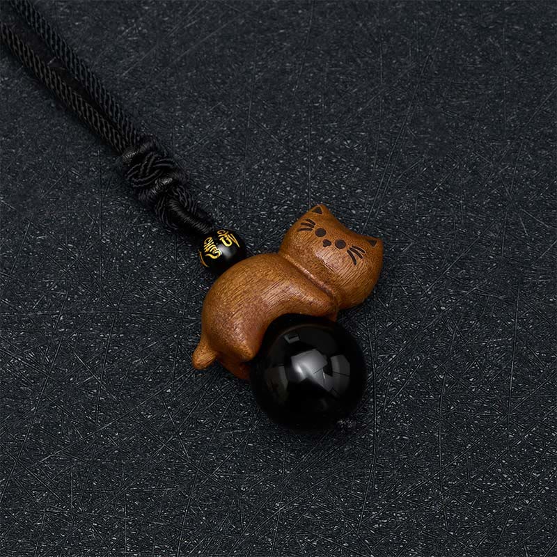 Buddha Stones Sandalwood Cat Black Obsidian Bead Om Mani Padme Hum Bead Protection Rope Necklace