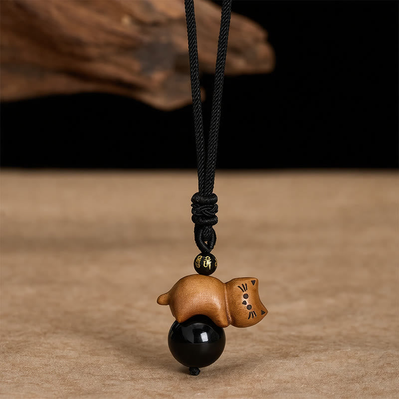 Buddha Stones Sandalwood Cat Black Obsidian Bead Om Mani Padme Hum Bead Protection Rope Necklace