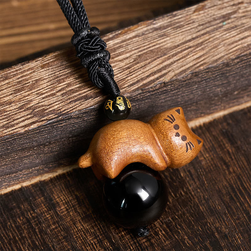 Buddha Stones Sandalwood Cat Black Obsidian Bead Om Mani Padme Hum Bead Protection Rope Necklace