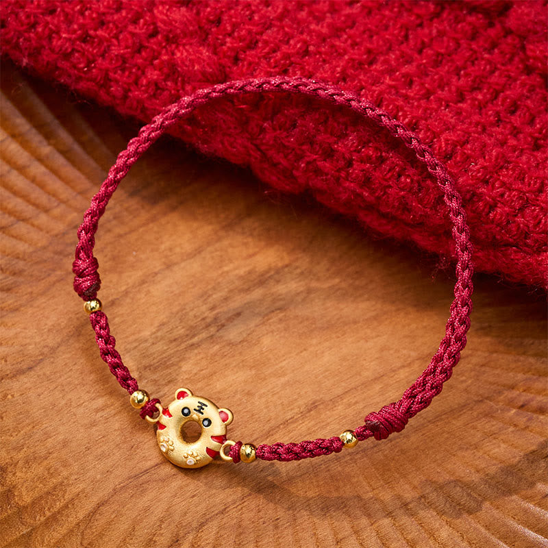Buddha Stones Copper Tiger Peace Buckle Hand Woven Grounding Red String Adjustable Bracelet
