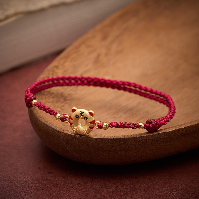 Buddha Stones Copper Tiger Peace Buckle Hand Woven Grounding Red String Adjustable Bracelet