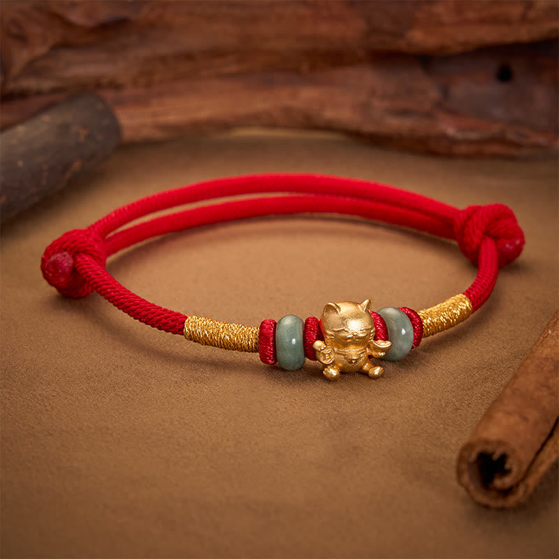 Buddha Stones Hand-Woven Red String Jade Lucky Cat Beads Connection Bracelet