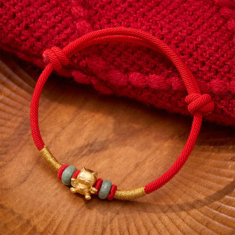 Buddha Stones Hand-Woven Red String Jade Lucky Cat Beads Connection Bracelet
