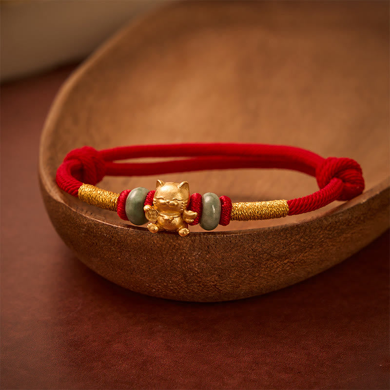 Buddha Stones Hand-Woven Red String Jade Lucky Cat Beads Connection Bracelet