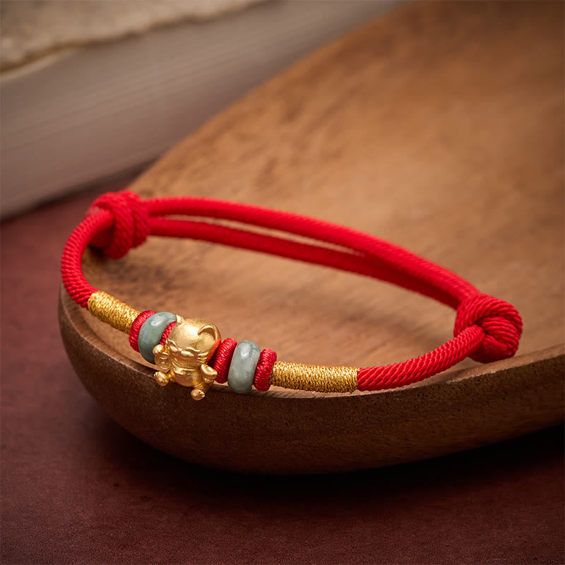 Buddha Stones Hand-Woven Red String Jade Lucky Cat Beads Connection Bracelet