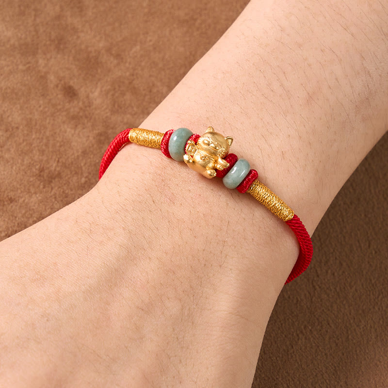 Buddha Stones Hand-Woven Red String Jade Lucky Cat Beads Connection Bracelet