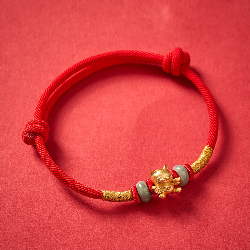 Buddha Stones Hand-Woven Red String Jade Lucky Cat Beads Connection Bracelet
