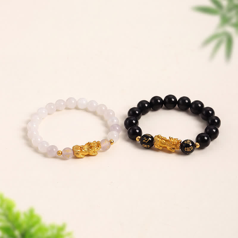 Buddha Stones Black Obsidian Chalcedony Pi Xiu Om Mani Padme Hum Purification Bracelet