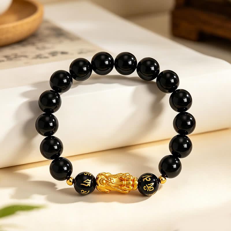 Buddha Stones Black Obsidian Chalcedony Pi Xiu Om Mani Padme Hum Purification Bracelet