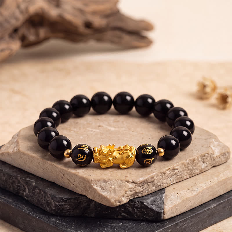 Buddha Stones Black Obsidian Chalcedony Pi Xiu Om Mani Padme Hum Purification Bracelet