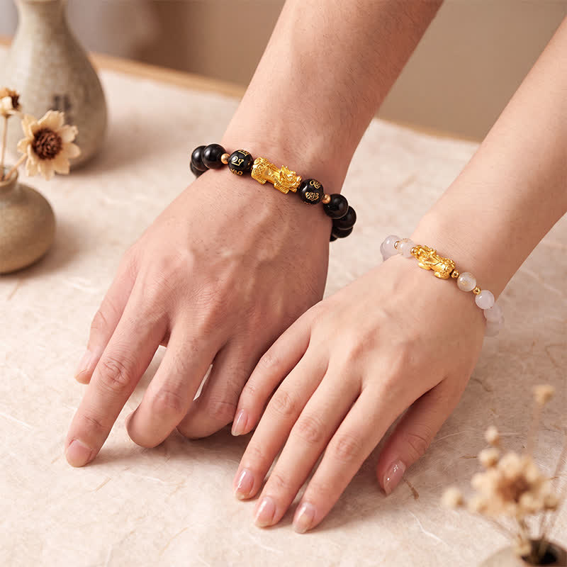 Buddha Stones Black Obsidian Chalcedony Pi Xiu Om Mani Padme Hum Purification Bracelet