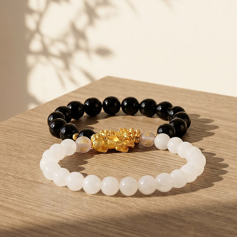 Buddha Stones Black Obsidian Chalcedony Pi Xiu Om Mani Padme Hum Purification Bracelet