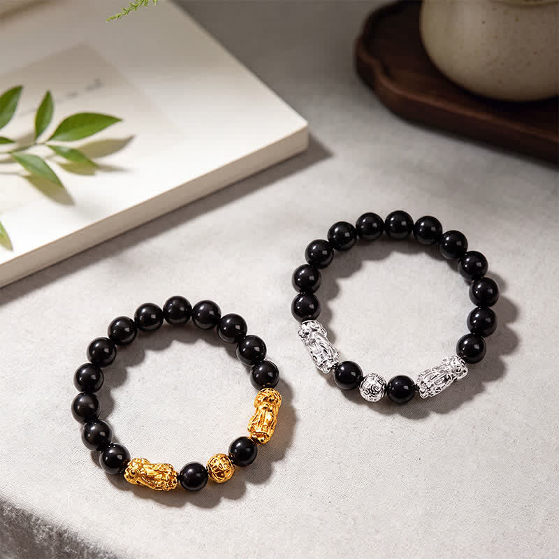 Buddha Stones Black Obsidian Copper Double Pi Xiu Om Mani Padme Hum Wisdom Bracelet