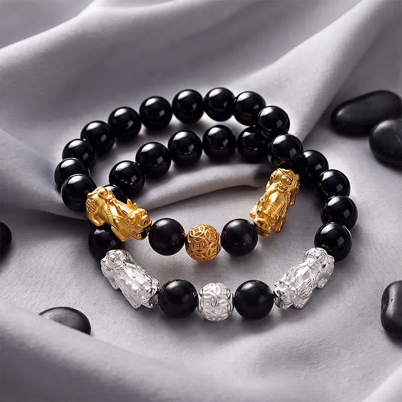 Buddha Stones Black Obsidian Copper Double Pi Xiu Om Mani Padme Hum Wisdom Bracelet