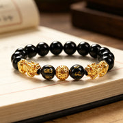 Buddha Stones Black Obsidian Copper Double Pi Xiu Om Mani Padme Hum Wisdom Bracelet