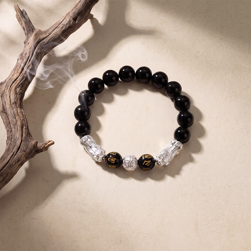Buddha Stones Black Obsidian Copper Double Pi Xiu Om Mani Padme Hum Wisdom Bracelet