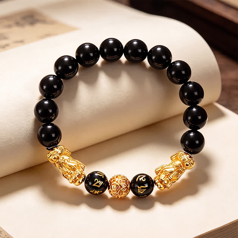 Buddha Stones Black Obsidian Copper Double Pi Xiu Om Mani Padme Hum Wisdom Bracelet
