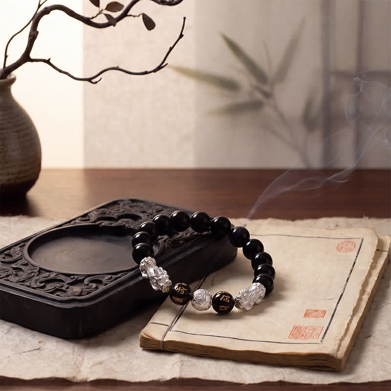 Buddha Stones Black Obsidian Copper Double Pi Xiu Om Mani Padme Hum Wisdom Bracelet
