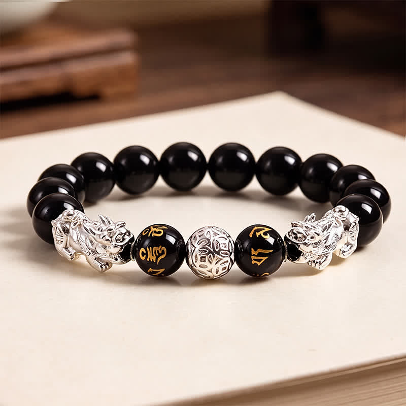 Buddha Stones Black Obsidian Copper Double Pi Xiu Om Mani Padme Hum Wisdom Bracelet
