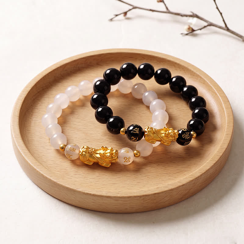 Buddha Stones Black Obsidian Copper Double Pi Xiu Om Mani Padme Hum Wisdom Bracelet
