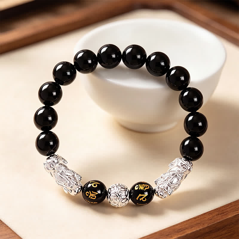 Buddha Stones Black Obsidian Copper Double Pi Xiu Om Mani Padme Hum Wisdom Bracelet