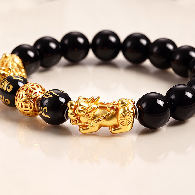 Buddha Stones Black Obsidian Copper Double Pi Xiu Om Mani Padme Hum Wisdom Bracelet