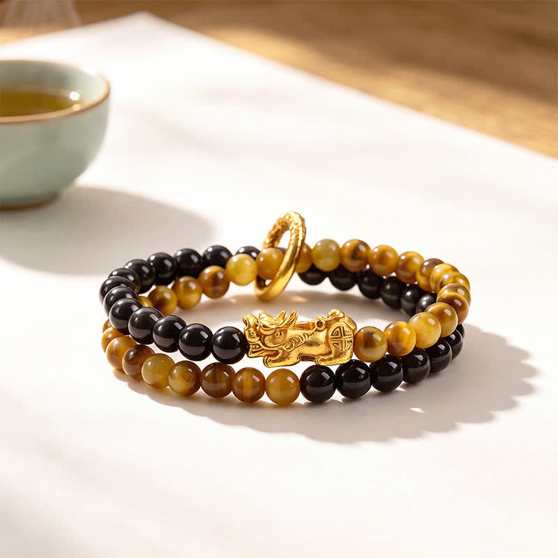 Buddha Stones Tiger Eye Silver Sheen Obsidian Pi Xiu Double Wrap Auspicioisness Bracelet