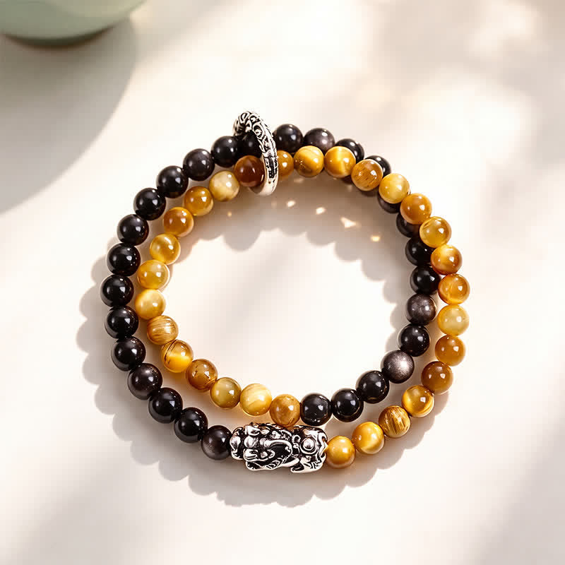 Buddha Stones Tiger Eye Silver Sheen Obsidian Pi Xiu Double Wrap Auspicioisness Bracelet
