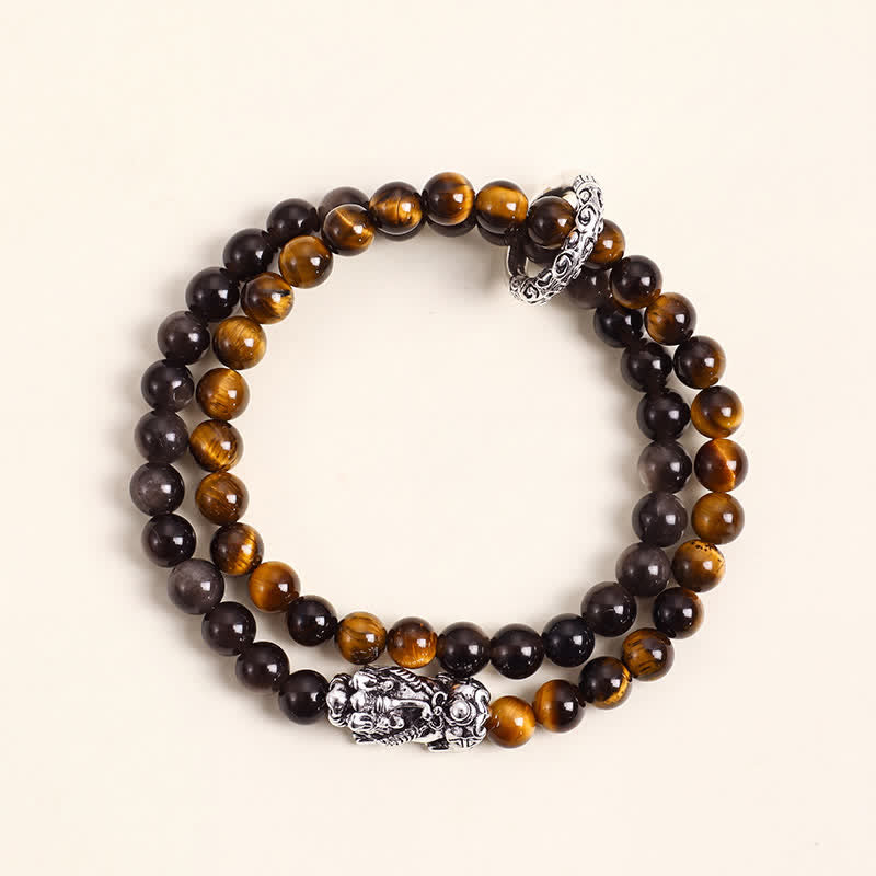 Buddha Stones Tiger Eye Silver Sheen Obsidian Pi Xiu Double Wrap Auspicioisness Bracelet