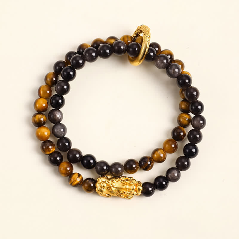 Buddha Stones Tiger Eye Silver Sheen Obsidian Pi Xiu Double Wrap Auspicioisness Bracelet