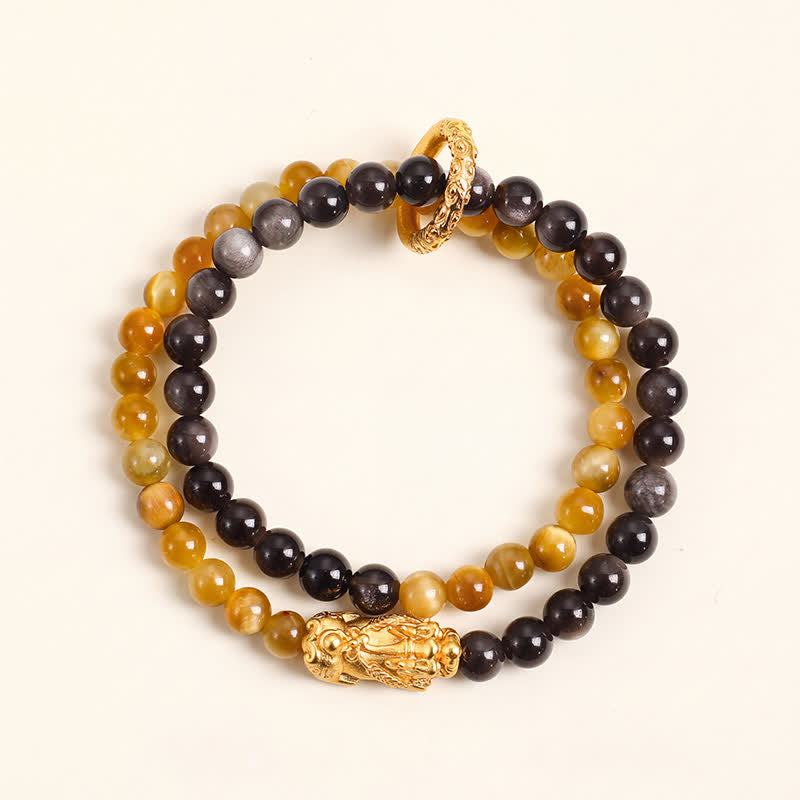 Buddha Stones Tiger Eye Silver Sheen Obsidian Pi Xiu Double Wrap Auspicioisness Bracelet