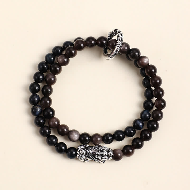 Buddha Stones Tiger Eye Silver Sheen Obsidian Pi Xiu Double Wrap Auspicioisness Bracelet