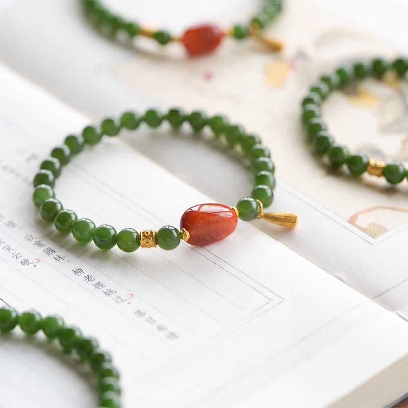 EverestArtstudios Spinach Green Hetian Jade Red Agate Luck Bracelet
