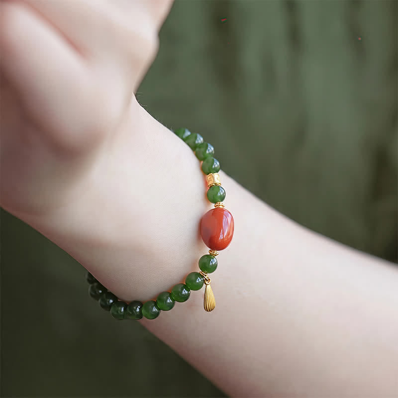 EverestArtstudios Spinach Green Hetian Jade Red Agate Luck Bracelet